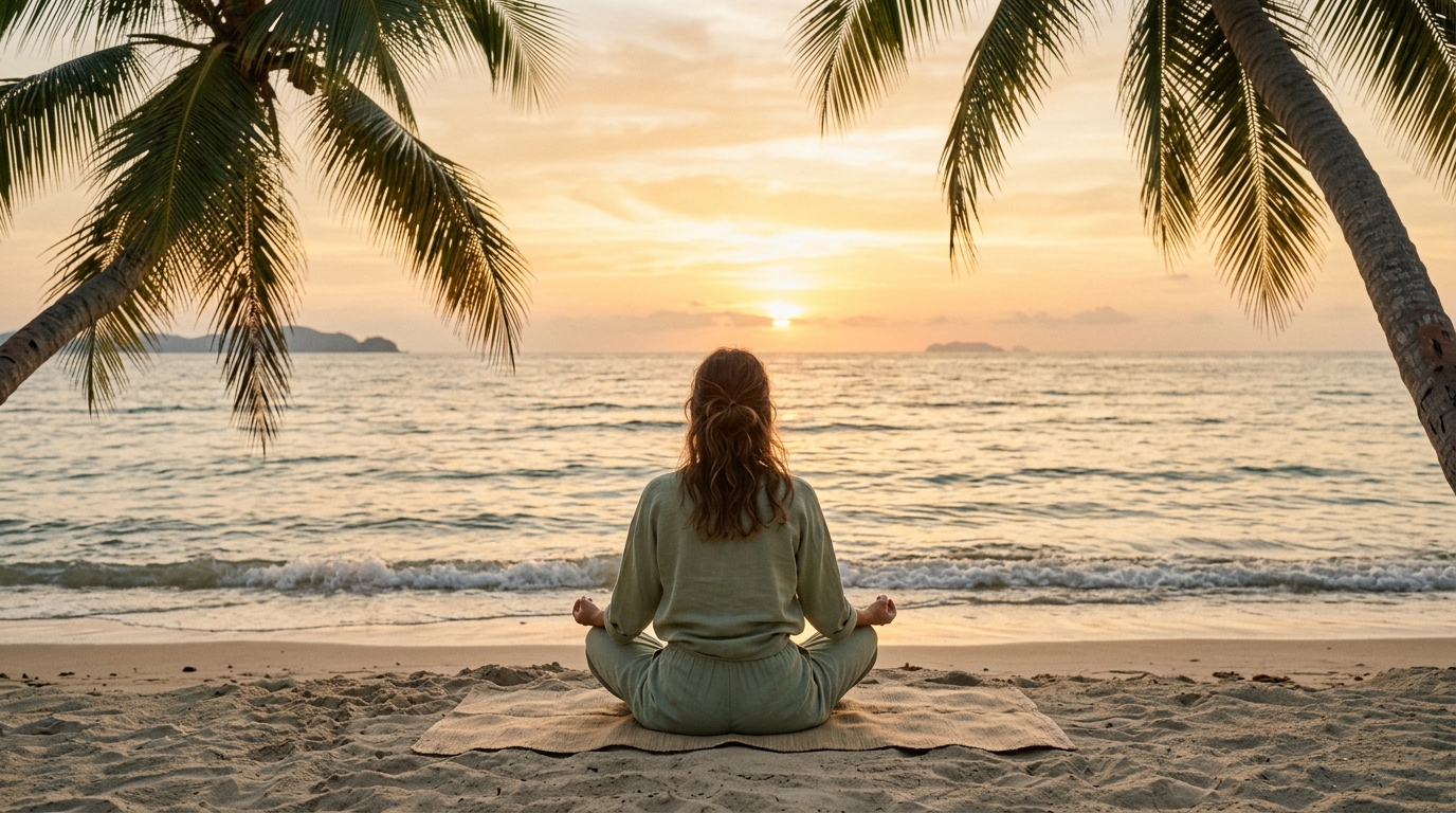 Pessoa em meditação na praia ao pôr do sol, transmitindo plenitude, acolhimento e leveza